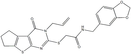 2-[(3-allyl-4-oxo-3,5,6,7-tetrahydro-4H-cyclopenta[4,5]thieno[2,3-d]pyrimidin-2-yl)sulfanyl]-N-(1,3-benzodioxol-5-ylmethyl)acetamide 结构式