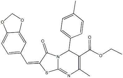 ethyl 2-(1,3-benzodioxol-5-ylmethylene)-7-methyl-5-(4-methylphenyl)-3-oxo-2,3-dihydro-5H-[1,3]thiazolo[3,2-a]pyrimidine-6-carboxylate 结构式