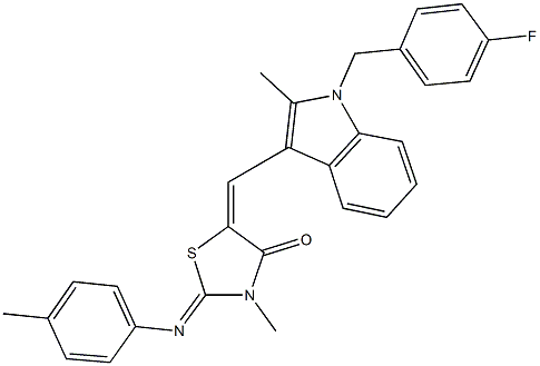 5-{[1-(4-fluorobenzyl)-2-methyl-1H-indol-3-yl]methylene}-3-methyl-2-[(4-methylphenyl)imino]-1,3-thiazolidin-4-one 结构式
