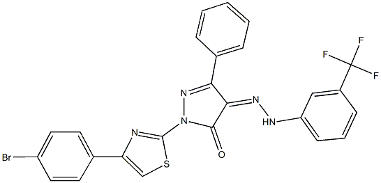 1-[4-(4-bromophenyl)-1,3-thiazol-2-yl]-3-phenyl-1H-pyrazole-4,5-dione 4-{[3-(trifluoromethyl)phenyl]hydrazone} 结构式