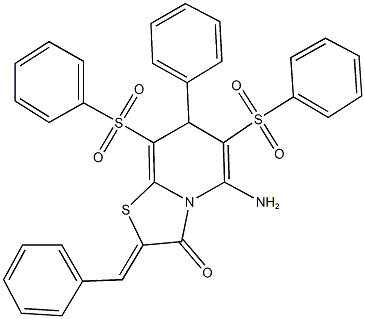 5-amino-2-benzylidene-7-phenyl-6,8-bis(phenylsulfonyl)-7H-[1,3]thiazolo[3,2-a]pyridin-3(2H)-one 结构式