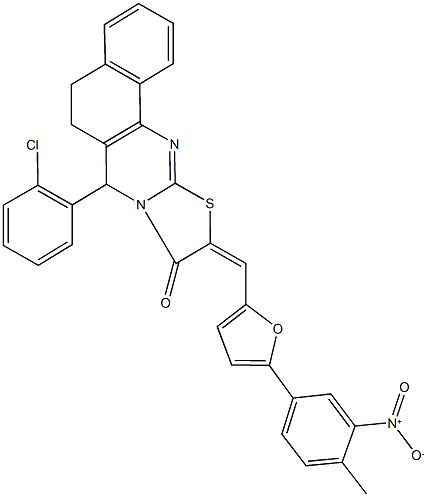 7-(2-chlorophenyl)-10-[(5-{3-nitro-4-methylphenyl}-2-furyl)methylene]-5,7-dihydro-6H-benzo[h][1,3]thiazolo[2,3-b]quinazolin-9(10H)-one 结构式