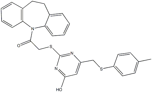 2-{[2-(10,11-dihydro-5H-dibenzo[b,f]azepin-5-yl)-2-oxoethyl]sulfanyl}-6-{[(4-methylphenyl)sulfanyl]methyl}-4-pyrimidinol 结构式