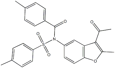 N-(3-acetyl-2-methyl-1-benzofuran-5-yl)-4-methyl-N-(4-methylbenzoyl)benzenesulfonamide 结构式