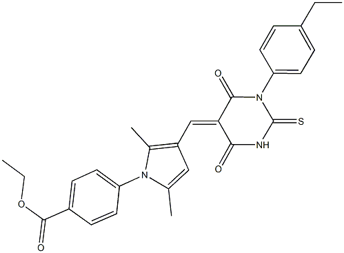 ethyl 4-{3-[(1-(4-ethylphenyl)-4,6-dioxo-2-thioxotetrahydro-5(2H)-pyrimidinylidene)methyl]-2,5-dimethyl-1H-pyrrol-1-yl}benzoate 结构式