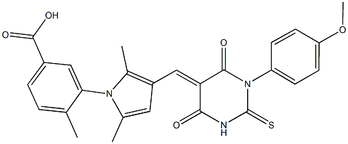 3-{3-[(1-(4-methoxyphenyl)-4,6-dioxo-2-thioxotetrahydro-5(2H)-pyrimidinylidene)methyl]-2,5-dimethyl-1H-pyrrol-1-yl}-4-methylbenzoic acid 结构式