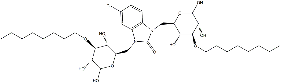 5-chloro-1,3-bis{[3,5,6-trihydroxy-4-(octyloxy)tetrahydro-2H-pyran-2-yl]methyl}-1,3-dihydro-2H-benzimidazol-2-one 结构式