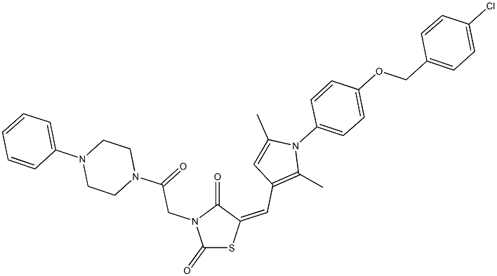 5-[(1-{4-[(4-chlorobenzyl)oxy]phenyl}-2,5-dimethyl-1H-pyrrol-3-yl)methylene]-3-[2-oxo-2-(4-phenyl-1-piperazinyl)ethyl]-1,3-thiazolidine-2,4-dione 结构式