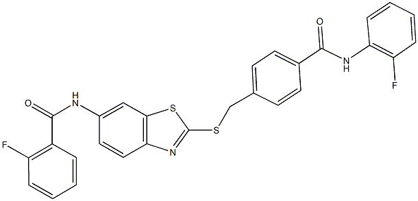 2-fluoro-N-[2-({4-[(2-fluoroanilino)carbonyl]benzyl}sulfanyl)-1,3-benzothiazol-6-yl]benzamide 结构式