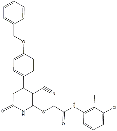 2-({4-[4-(benzyloxy)phenyl]-3-cyano-6-oxo-1,4,5,6-tetrahydropyridin-2-yl}sulfanyl)-N-(3-chloro-2-methylphenyl)acetamide 结构式