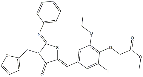 methyl (2-ethoxy-4-{[3-(2-furylmethyl)-4-oxo-2-(phenylimino)-1,3-thiazolidin-5-ylidene]methyl}-6-iodophenoxy)acetate 结构式