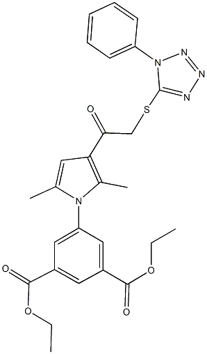 diethyl 5-(2,5-dimethyl-3-{[(1-phenyl-1H-tetraazol-5-yl)sulfanyl]acetyl}-1H-pyrrol-1-yl)isophthalate 结构式