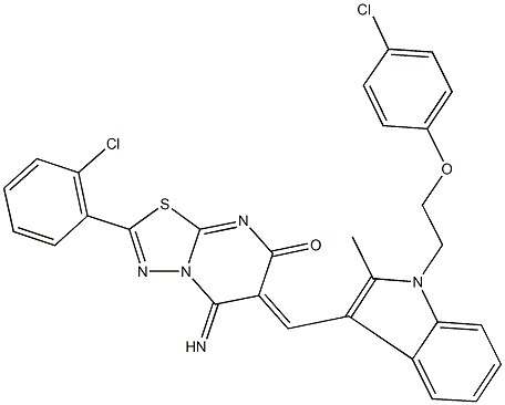 6-({1-[2-(4-chlorophenoxy)ethyl]-2-methyl-1H-indol-3-yl}methylene)-2-(2-chlorophenyl)-5-imino-5,6-dihydro-7H-[1,3,4]thiadiazolo[3,2-a]pyrimidin-7-one 结构式