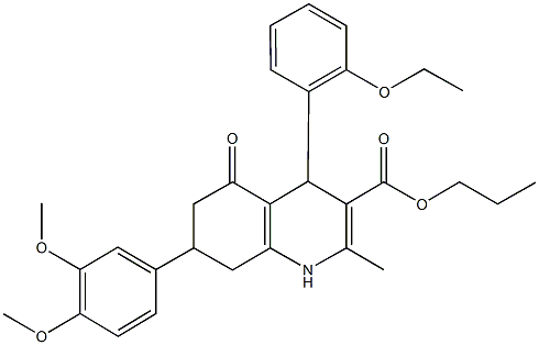 propyl 7-(3,4-dimethoxyphenyl)-4-(2-ethoxyphenyl)-2-methyl-5-oxo-1,4,5,6,7,8-hexahydro-3-quinolinecarboxylate 结构式