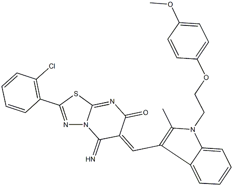 2-(2-chlorophenyl)-5-imino-6-({1-[2-(4-methoxyphenoxy)ethyl]-2-methyl-1H-indol-3-yl}methylene)-5,6-dihydro-7H-[1,3,4]thiadiazolo[3,2-a]pyrimidin-7-one 结构式