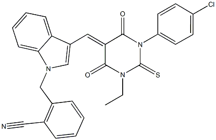 2-({3-[(1-(4-chlorophenyl)-3-ethyl-4,6-dioxo-2-thioxotetrahydropyrimidin-5(2H)-ylidene)methyl]-1H-indol-1-yl}methyl)benzonitrile 结构式