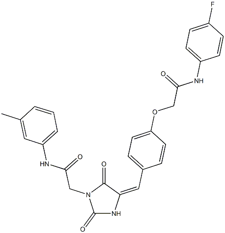 2-[4-({2,5-dioxo-1-[2-oxo-2-(3-toluidino)ethyl]-4-imidazolidinylidene}methyl)phenoxy]-N-(4-fluorophenyl)acetamide 结构式