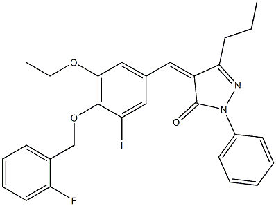 4-{3-ethoxy-4-[(2-fluorobenzyl)oxy]-5-iodobenzylidene}-2-phenyl-5-propyl-2,4-dihydro-3H-pyrazol-3-one 结构式