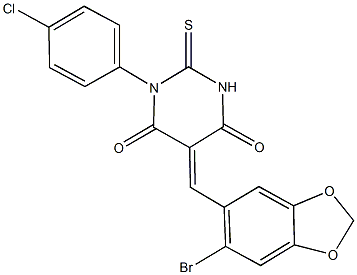 5-[(6-bromo-1,3-benzodioxol-5-yl)methylene]-1-(4-chlorophenyl)-2-thioxodihydro-4,6(1H,5H)-pyrimidinedione 结构式