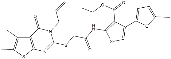 ethyl 2-({[(3-allyl-5,6-dimethyl-4-oxo-3,4-dihydrothieno[2,3-d]pyrimidin-2-yl)sulfanyl]acetyl}amino)-4-(5-methyl-2-furyl)-3-thiophenecarboxylate 结构式