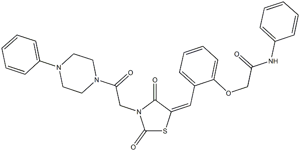 2-[2-({2,4-dioxo-3-[2-oxo-2-(4-phenyl-1-piperazinyl)ethyl]-1,3-thiazolidin-5-ylidene}methyl)phenoxy]-N-phenylacetamide 结构式