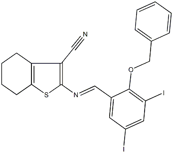 2-{[2-(benzyloxy)-3,5-diiodobenzylidene]amino}-4,5,6,7-tetrahydro-1-benzothiophene-3-carbonitrile 结构式