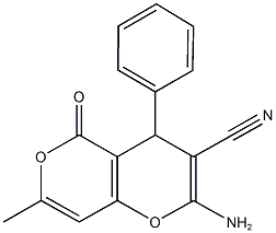 2-amino-7-methyl-5-oxo-4-phenyl-4H,5H-pyrano[4,3-b]pyran-3-carbonitrile 结构式