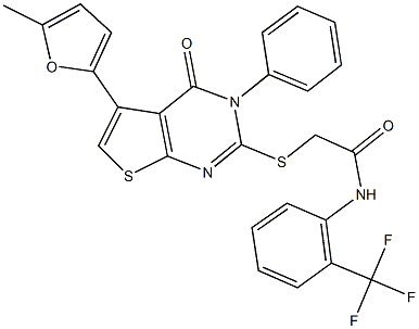 2-{[5-(5-methyl-2-furyl)-4-oxo-3-phenyl-3,4-dihydrothieno[2,3-d]pyrimidin-2-yl]sulfanyl}-N-[2-(trifluoromethyl)phenyl]acetamide 结构式