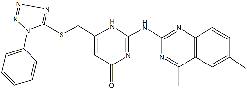 2-[(4,6-dimethyl-2-quinazolinyl)amino]-6-{[(1-phenyl-1H-tetraazol-5-yl)thio]methyl}-4(1H)-pyrimidinone 结构式