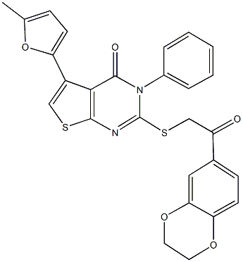 2-{[2-(2,3-dihydro-1,4-benzodioxin-6-yl)-2-oxoethyl]sulfanyl}-5-(5-methyl-2-furyl)-3-phenylthieno[2,3-d]pyrimidin-4(3H)-one 结构式