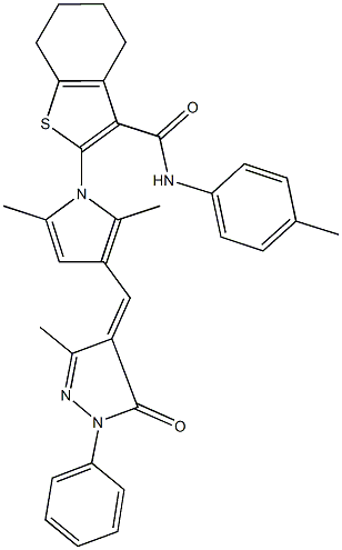 2-{2,5-dimethyl-3-[(3-methyl-5-oxo-1-phenyl-1,5-dihydro-4H-pyrazol-4-ylidene)methyl]-1H-pyrrol-1-yl}-N-(4-methylphenyl)-4,5,6,7-tetrahydro-1-benzothiophene-3-carboxamide 结构式