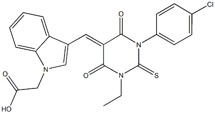 {3-[(1-(4-chlorophenyl)-3-ethyl-4,6-dioxo-2-thioxotetrahydropyrimidin-5(2H)-ylidene)methyl]-1H-indol-1-yl}acetic acid 结构式