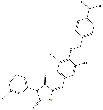 4-[(2,6-dichloro-4-{[1-(3-chlorophenyl)-2,5-dioxo-4-imidazolidinylidene]methyl}phenoxy)methyl]benzoic acid 结构式