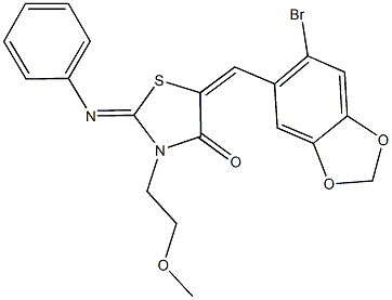 5-[(6-bromo-1,3-benzodioxol-5-yl)methylene]-3-(2-methoxyethyl)-2-(phenylimino)-1,3-thiazolidin-4-one 结构式