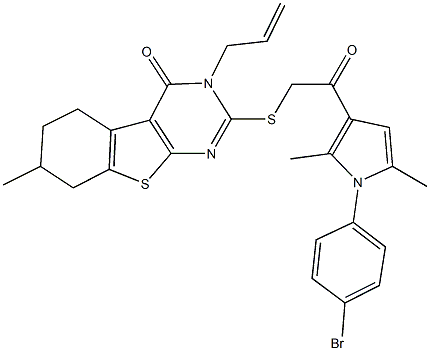 3-allyl-2-({2-[1-(4-bromophenyl)-2,5-dimethyl-1H-pyrrol-3-yl]-2-oxoethyl}sulfanyl)-7-methyl-5,6,7,8-tetrahydro[1]benzothieno[2,3-d]pyrimidin-4(3H)-one 结构式