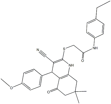 2-{[3-cyano-4-(4-methoxyphenyl)-7,7-dimethyl-5-oxo-1,4,5,6,7,8-hexahydro-2-quinolinyl]sulfanyl}-N-(4-ethylphenyl)acetamide 结构式