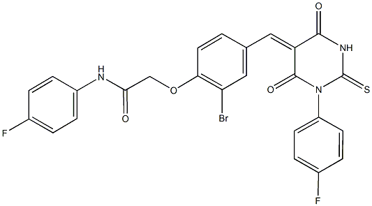 2-{2-bromo-4-[(1-(4-fluorophenyl)-4,6-dioxo-2-thioxotetrahydro-5(2H)-pyrimidinylidene)methyl]phenoxy}-N-(4-fluorophenyl)acetamide 结构式