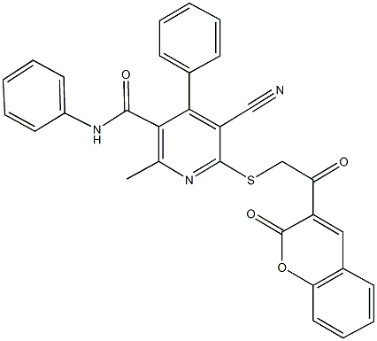 5-cyano-2-methyl-6-{[2-oxo-2-(2-oxo-2H-chromen-3-yl)ethyl]sulfanyl}-N,4-diphenylnicotinamide 结构式