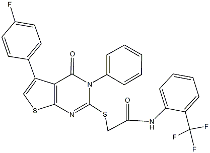 2-{[5-(4-fluorophenyl)-4-oxo-3-phenyl-3,4-dihydrothieno[2,3-d]pyrimidin-2-yl]sulfanyl}-N-[2-(trifluoromethyl)phenyl]acetamide 结构式