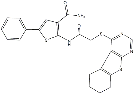 5-phenyl-2-{[(5,6,7,8-tetrahydro[1]benzothieno[2,3-d]pyrimidin-4-ylsulfanyl)acetyl]amino}thiophene-3-carboxamide 结构式