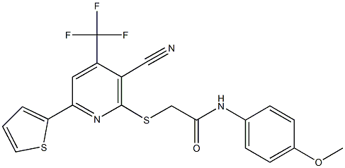2-{[3-cyano-6-(2-thienyl)-4-(trifluoromethyl)-2-pyridinyl]sulfanyl}-N-(4-methoxyphenyl)acetamide 结构式