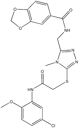 N-[(5-{[2-(5-chloro-2-methoxyanilino)-2-oxoethyl]sulfanyl}-4-methyl-4H-1,2,4-triazol-3-yl)methyl]-1,3-benzodioxole-5-carboxamide 结构式