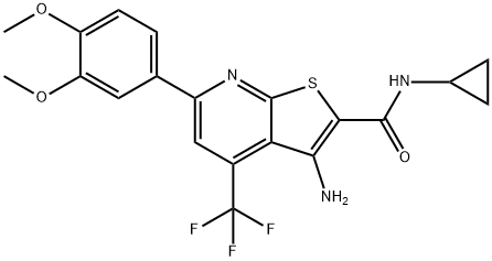 3-amino-N-cyclopropyl-6-(3,4-dimethoxyphenyl)-4-(trifluoromethyl)thieno[2,3-b]pyridine-2-carboxamide 结构式