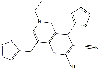 2-amino-6-ethyl-4-(2-thienyl)-8-(2-thienylmethyl)-5,6-dihydro-4H-pyrano[3,2-c]pyridine-3-carbonitrile 结构式