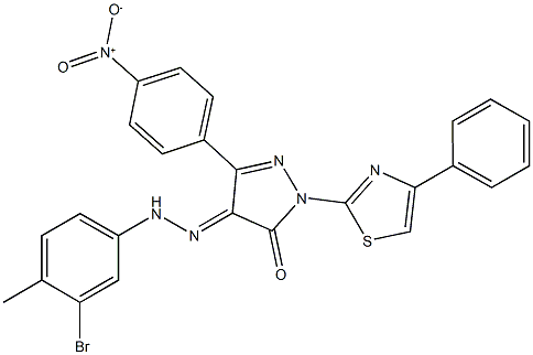 3-{4-nitrophenyl}-1-(4-phenyl-1,3-thiazol-2-yl)-1H-pyrazole-4,5-dione 4-[(3-bromo-4-methylphenyl)hydrazone] 结构式