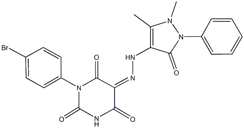 1-(4-bromophenyl)-2,4,5,6(1H,3H)-pyrimidinetetrone 5-[(1,5-dimethyl-3-oxo-2-phenyl-2,3-dihydro-1H-pyrazol-4-yl)hydrazone] 结构式
