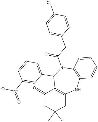 10-[(4-chlorophenyl)acetyl]-11-{3-nitrophenyl}-3,3-dimethyl-2,3,4,5,10,11-hexahydro-1H-dibenzo[b,e][1,4]diazepin-1-one 结构式