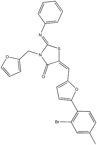 5-{[5-(2-bromo-4-methylphenyl)-2-furyl]methylene}-3-(2-furylmethyl)-2-(phenylimino)-1,3-thiazolidin-4-one 结构式
