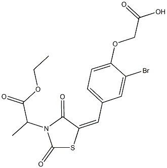 (2-bromo-4-{[3-(2-ethoxy-1-methyl-2-oxoethyl)-2,4-dioxo-1,3-thiazolidin-5-ylidene]methyl}phenoxy)acetic acid 结构式