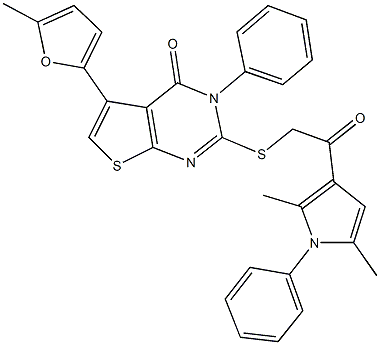 2-{[2-(2,5-dimethyl-1-phenyl-1H-pyrrol-3-yl)-2-oxoethyl]sulfanyl}-5-(5-methyl-2-furyl)-3-phenylthieno[2,3-d]pyrimidin-4(3H)-one 结构式